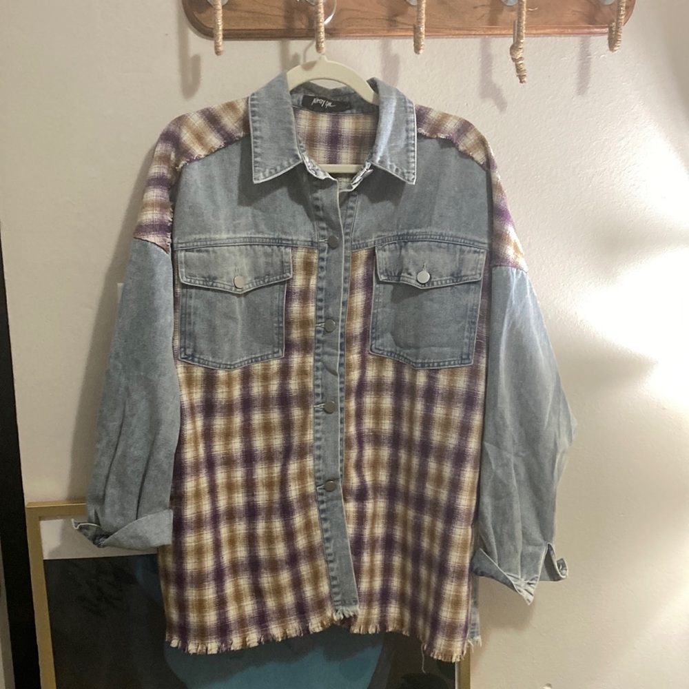 Flannel and denim long button up shirt.